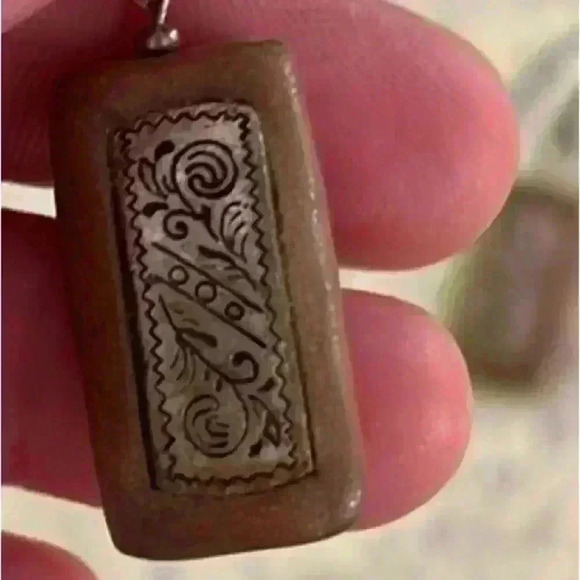 Rustic Silver and Brown Rectangle Earrings - Picture 6 of 6